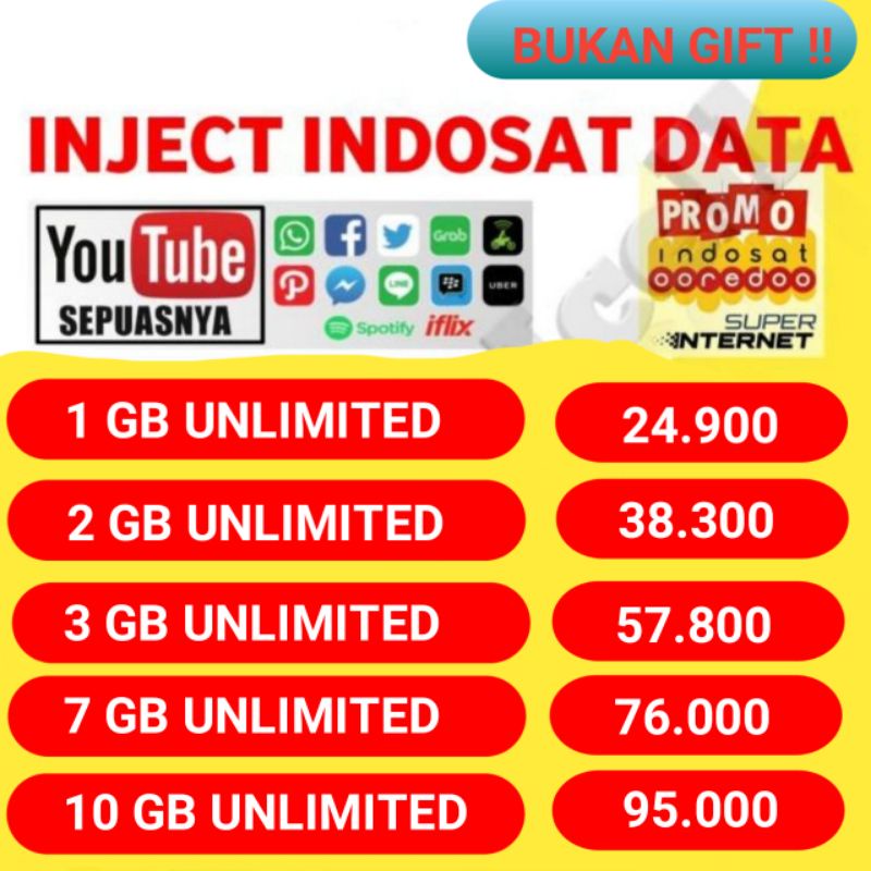 Injek kuota data Indosat freedom, freedom harian, Indosat Unlimited.