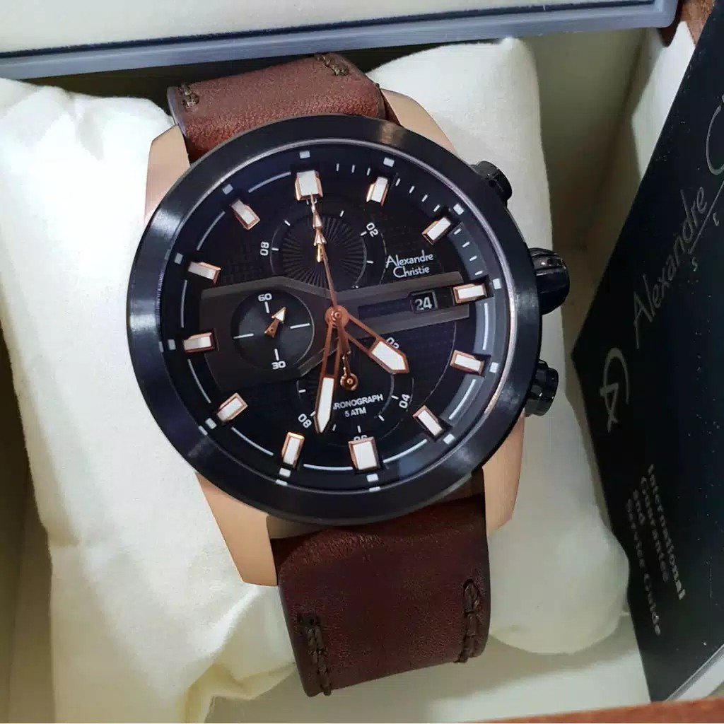 Alexandre Christie Original AC6562 Jam Tangan Pria Tali Kulit Coklat Rosegold