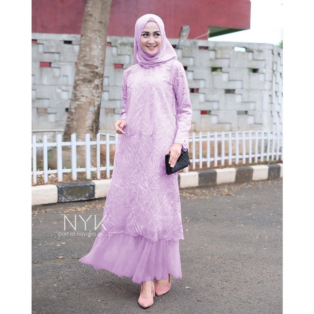 Gamis Arsya Tulle Mutiara - Maxi Brokat Kekinian - Gamis Rempel Kombinasi Tutu - Outfit Dress Remaja Kekinian