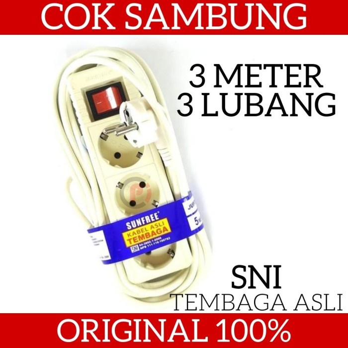 SUNFREE Cok Sambung Stop Kontak + Saklar 3 Lubang dan Kabel 3 Meter