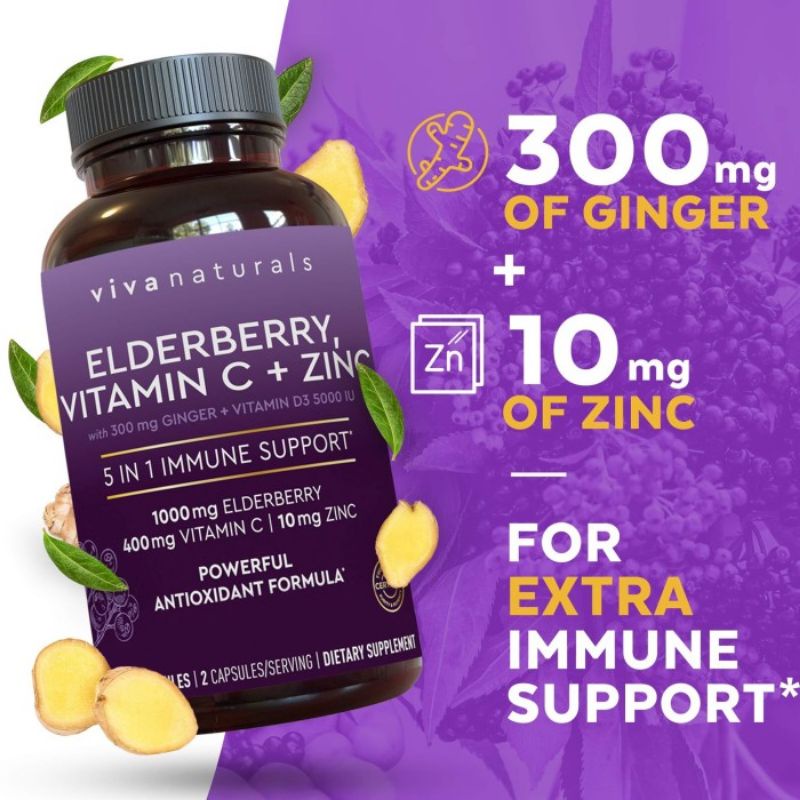 Viva Naturals Elderberry Vitamin C Zinc Vitamin D3 5000 IU 120 Kapsul 120 Capsules