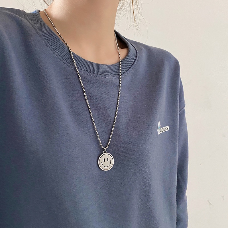 Kalung Rantai Panjang Liontin Smiley Face Gaya Korea Untuk Unisex