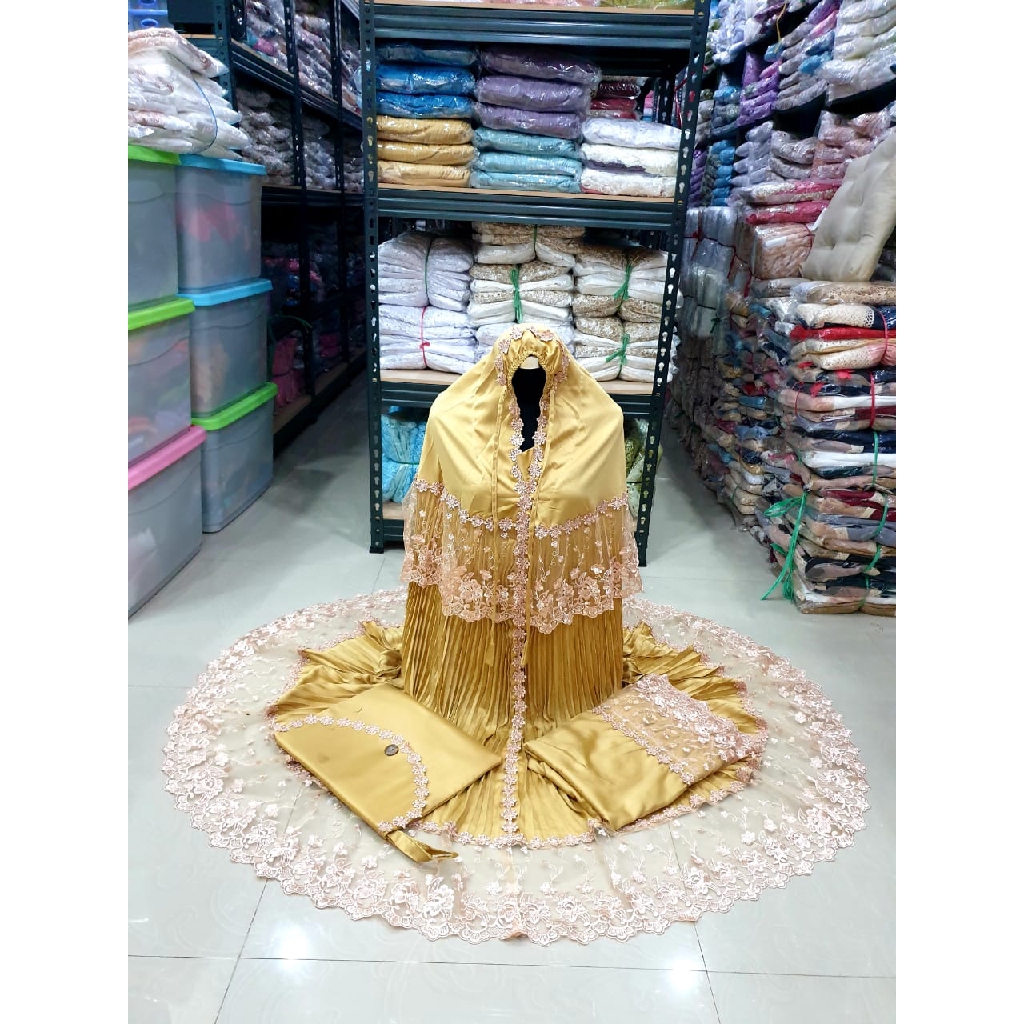 mukena prada plisket renda tile | warna crem muda renda millo | sutra velvet