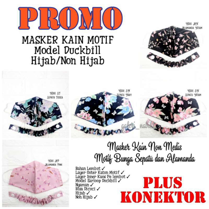 MASKER KAIN Duckbill HIJAB MOTIF Plus Konektor  Moonblank