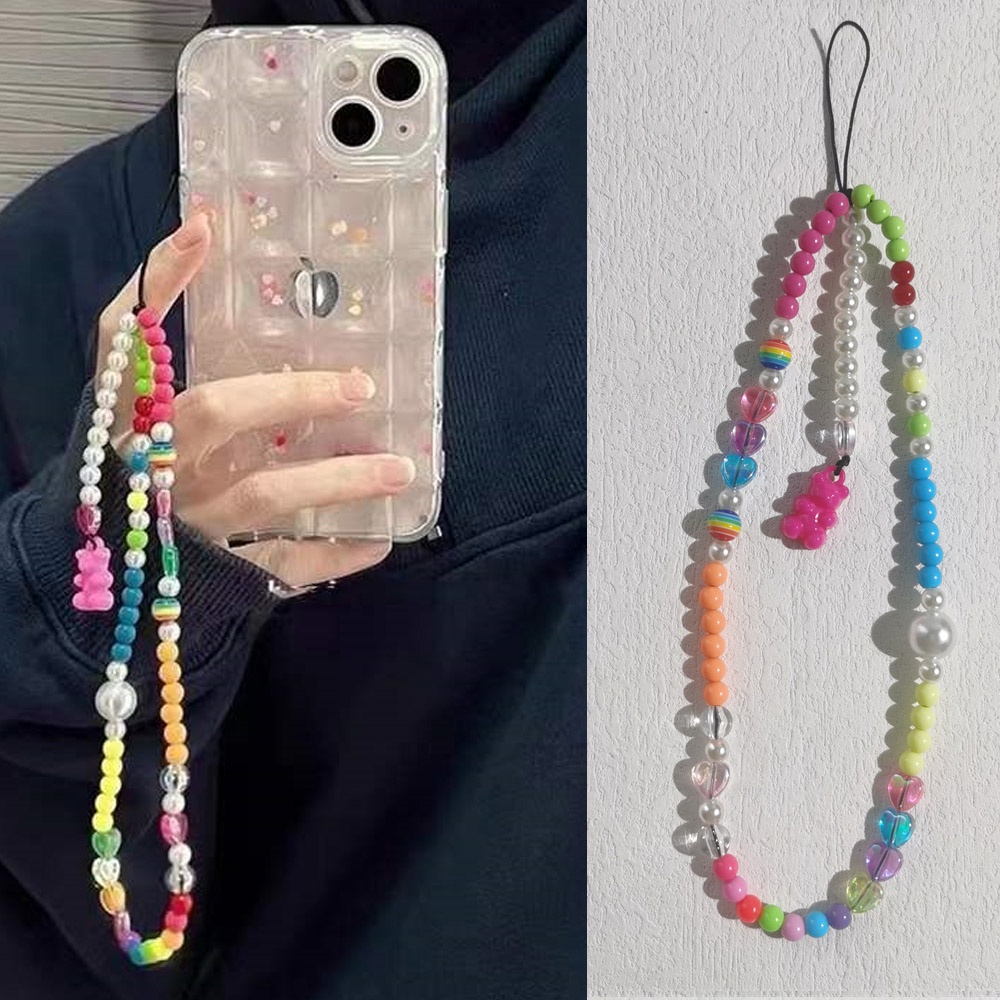 Tali Lanyard Rantai Manik-Manik Mutiara Beruang Warna Merah Mawar Bahan Akrilik Anti Hilang Untuk Case Hp