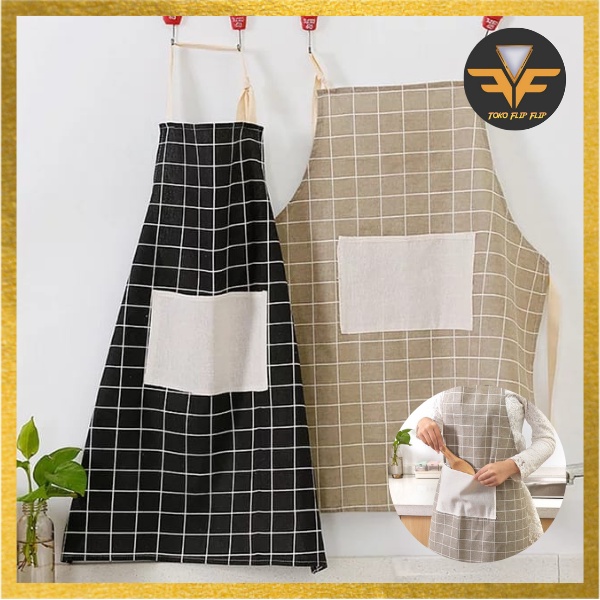 Celemek Masak Apron dengan bahan Kain Katun Linen Motif Elegan Lembut Celemek Apron Memasak Dapur