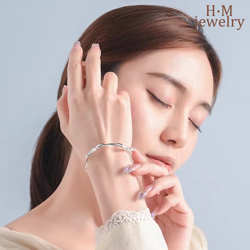 Gelang Tangan Sterling Silver 925 Desain Geometri Asimetris 2 Lilit Untuk Wanita