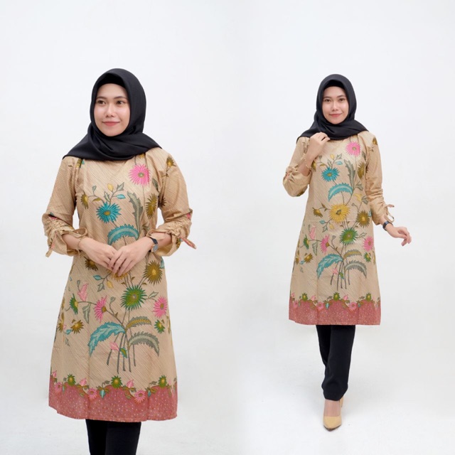 tunik wanita batik kantoran seragan murah jumbo big size buketan coklat muda