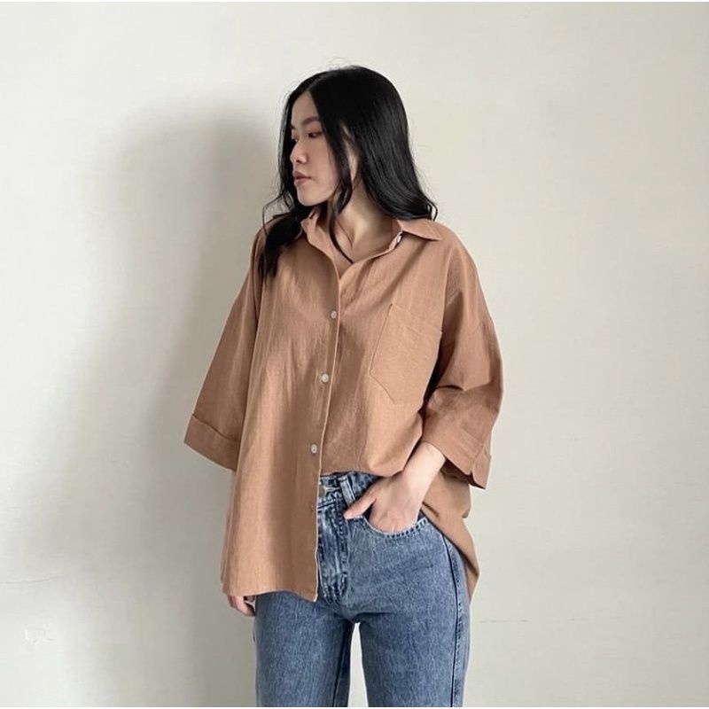 KEMEJA LINEN SINGEL POCKET - OVERSIZED SHIRT LINEN- ATASAN WANITA CASUAL