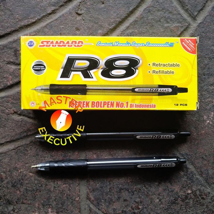 [Pak - 12 Buah] Standard R8 Black Oil Gel Pen Pulpen Hitam Retractable