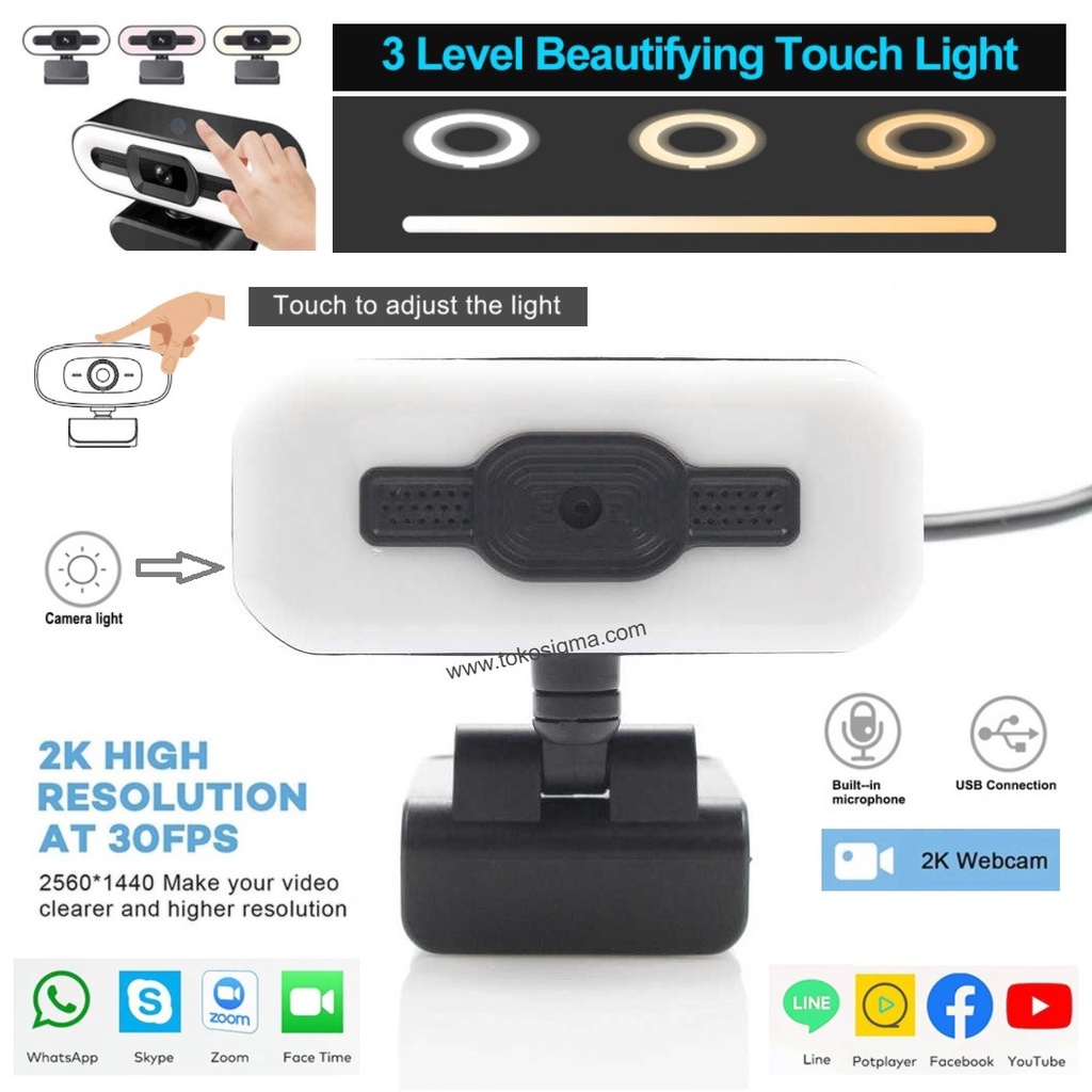 USB PC Webcam 2K Auto Focus Camera Video Ring Light Mic Live Talk Meet