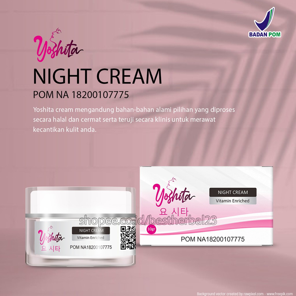 Krim malem Yoshita Night Cream /Pemutih wajah permanen BPOM/Plus collagen