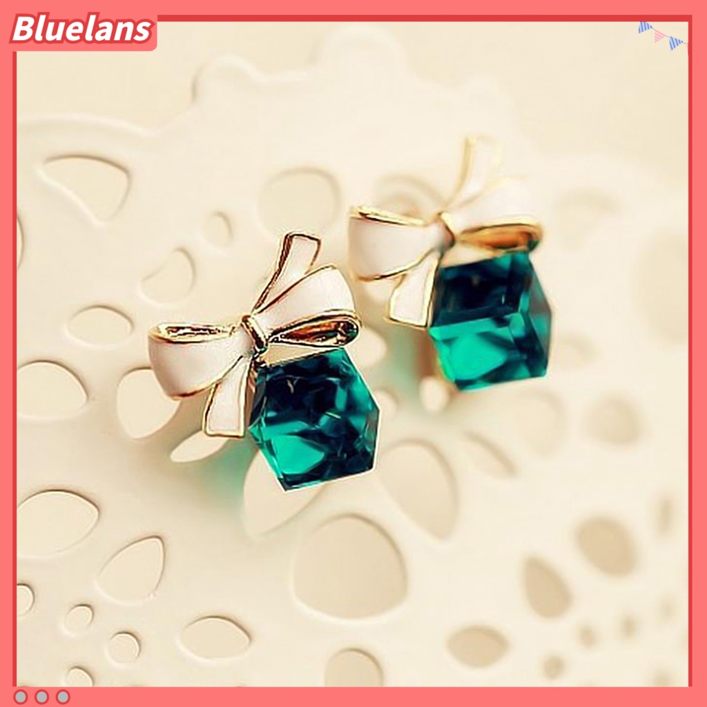 Bluelans 1 Pair Fashion Faux Crystal Bowknot Cube Ear Stud Earring Jewelry Accessory