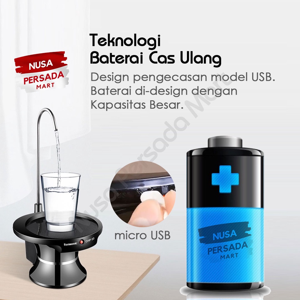 POMPA GALON AIR ELEKTRIK cwp03 sunsonic cwp 03 dengan DUDUKAN tatakan gelas Cas Rechargeable WATER DISPENSER  Sunsonic