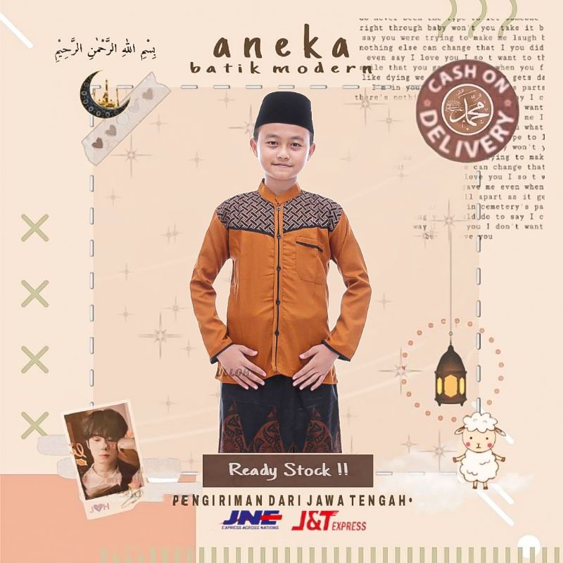 ATASAN BAJU MUSLIM ANAK PRIA BAJU KOKO ANAK LENGAN PANJANG MOTIF KOBATA WARNA KOMBINASI HITAM PUTIH 