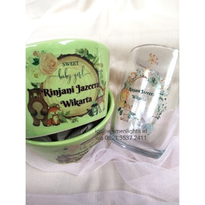 Souvenir Bayi, Aqiqah || Mangkok V atau Mangkok Bulat + Gelas Besar ||Sablon satu warna atau Full Co