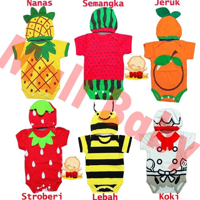 Terlaris  Jumper Bayi Karakter Lucu Kostum Bayi Set Topi Baju anak karakter buah hewan lucu
