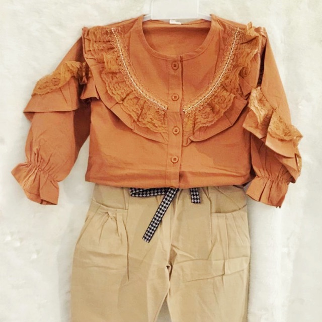 Baju Setelan Anak Perempuan Cewe Import Cokelat/Kuning Krem