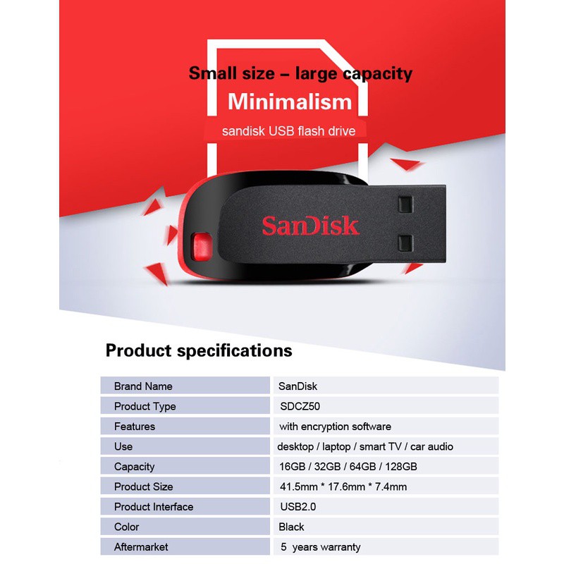 Sandisk Flashdisk 8GB Blade CZ50 - Sandisk Flash disk 8 GB - Sandisk USB drive 8GB USB 2.0