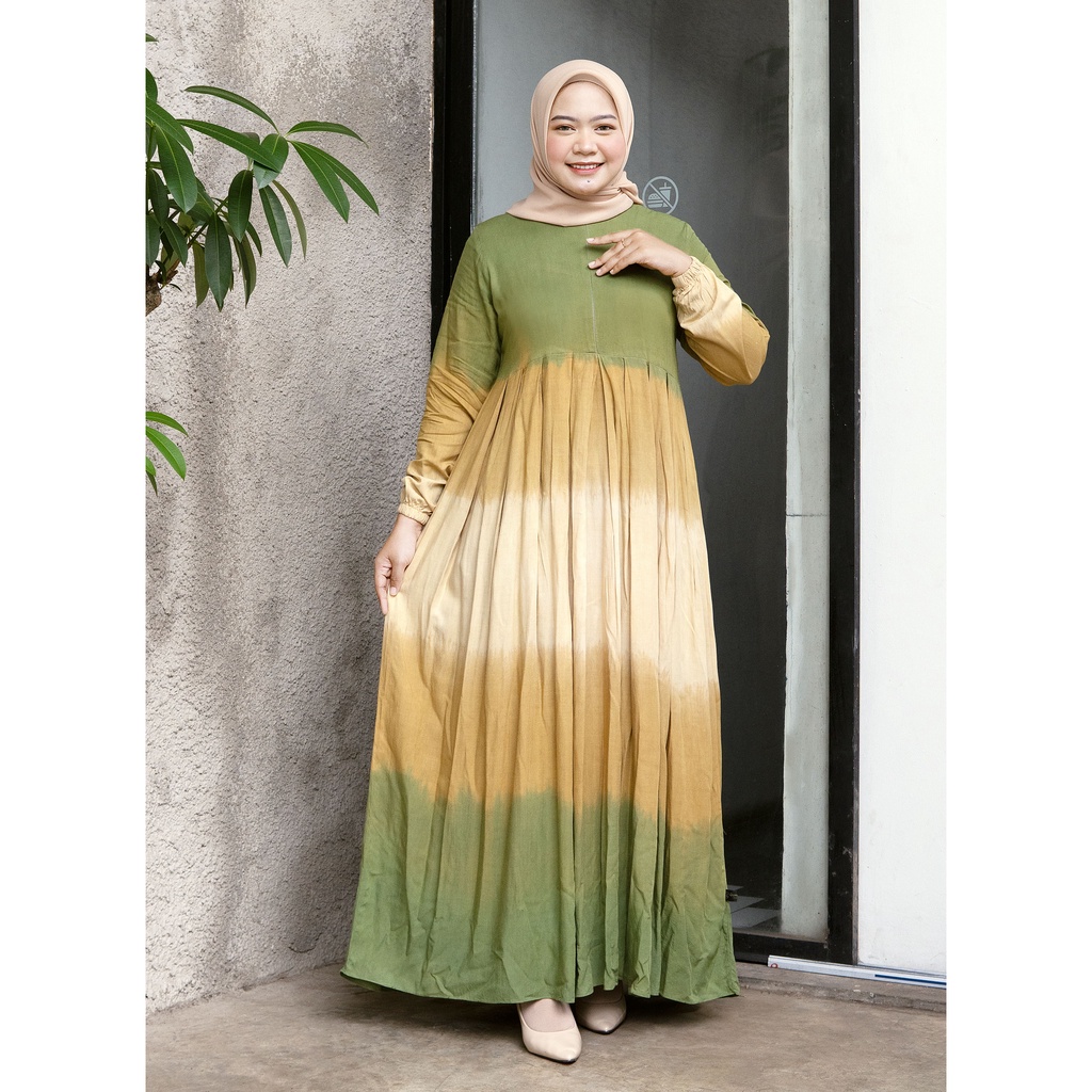 [BISA COD] GAMIS TIE DYE KEKINIAN / GAMIS KATUN RAYON / GAMIS TWILL ORI / GAMIS BUSUI-Green & Yellow
