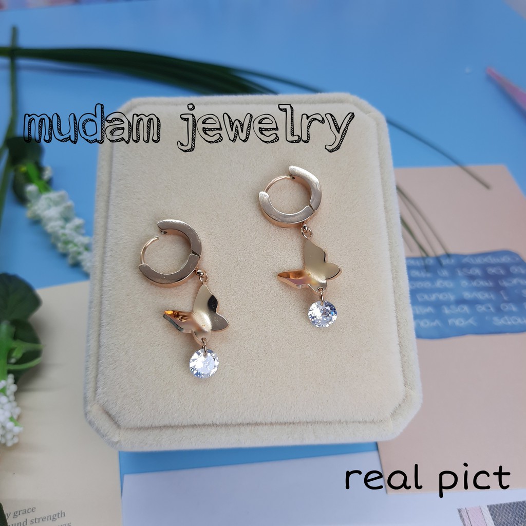 Anting Jepit Titanium Juntai Kupu - Kupu Polos Dengan Bandul Permata Artifisial Warna Rose Gold