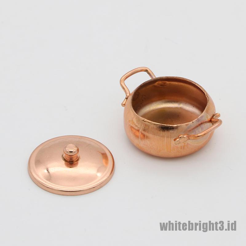(white3) Mainan Miniatur Wajan Penggorengan + Teko Perunggu Skala 1: 12 Untuk Dekorasi Rumah Boneka