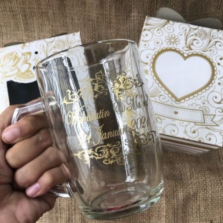 souvenir pernikahan gelas sablon murah gelas gagang jumbo plus cetak sablon plus kemas box
