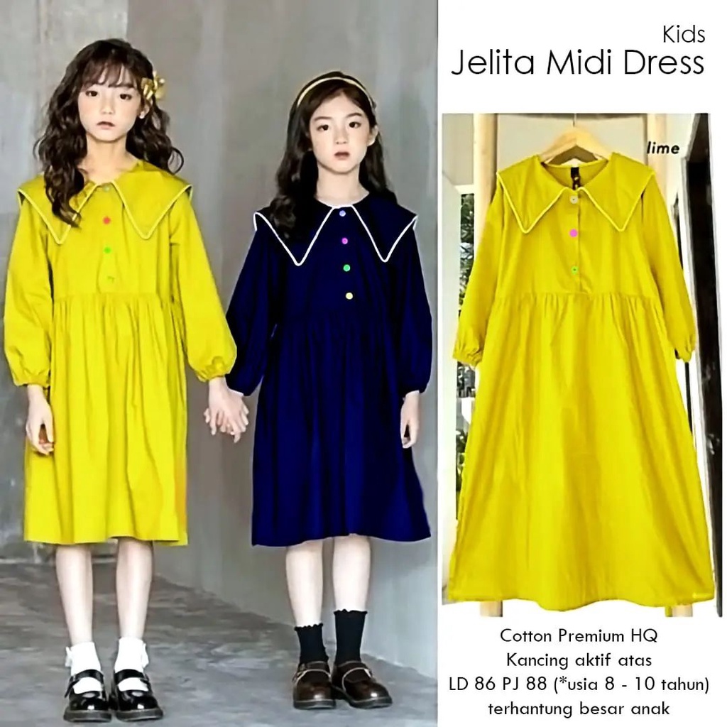 Baju Dress anak perempuan Dress anak Terbaru Jelita Midi Dress Kids Umur 8-10 Tahun Baju Muslim Anak