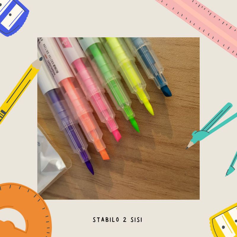 Stabilo Higlight Double point isi 2 sisi bolak balik alat tulis kantor penanda buku pengingat