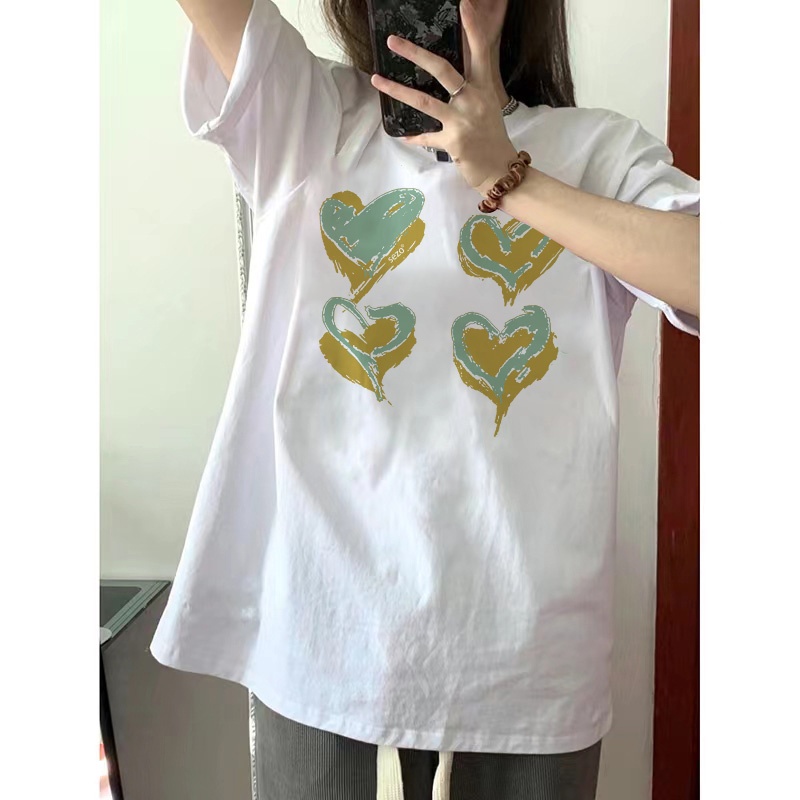 EUNII T-shirt  Lengan Pendek Coretan Hati Manis Longgar Korean Style/Kaos Atasan Wanita/Baju Kaus Oversize Wanita