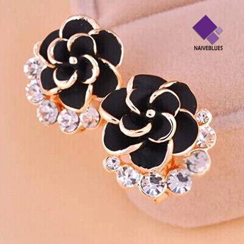 Anting Stud Bentuk Bunga Peony Camellia Bahan Alloy Aksen Berlian Imitasi Untuk Wanita