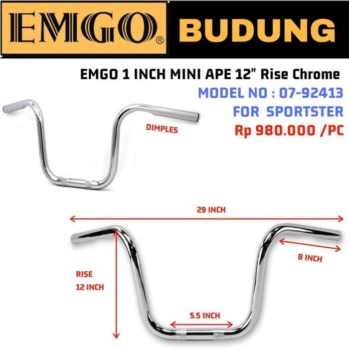 Emgo 1 Inc Mini Ape 12 Inc Rise Chrome 07-92413 For Sportster New