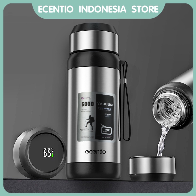 ecentio Thermos 1 liter silver kapasitas besar 1000ml Termos air panas Led Display Botol Minum stainless steel 304 outdoor