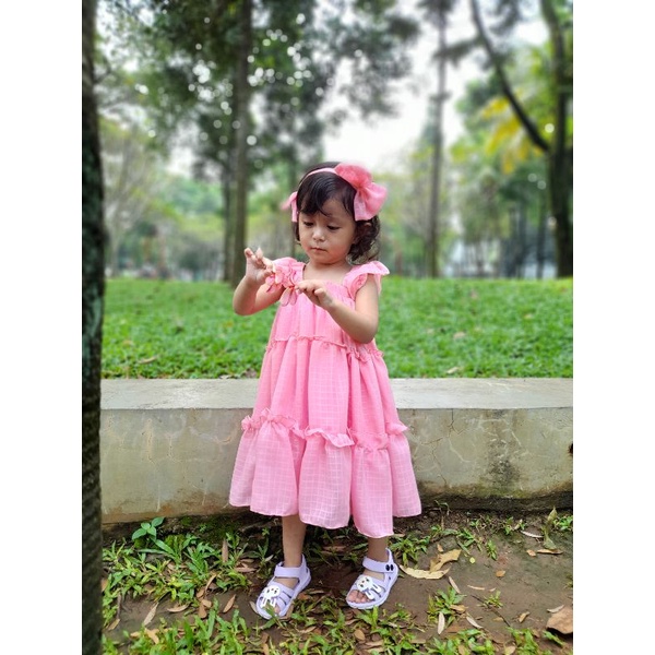 Dress gaun Pesta Anak lebar Katun Korea import high quality lilac peach usia 1-5 tahun free bandana
