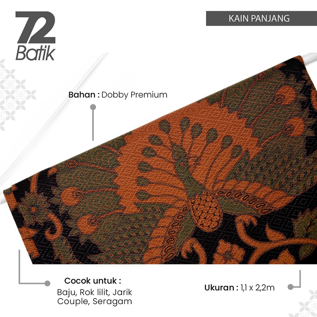 KAIN BATIK PREMIUM Dobby Motif Kembang Merak Warna Hitam Orange Hijau Dolbi Dobi Doby 727106 CAP 72 - Jarik Jarit Samping Kebat Panjang Batik Dobby Modern Premium Bahan Seragam Batik Pernikahan Kantor Keluarga Murah Kamen Jadi Batik Bali Lembaran