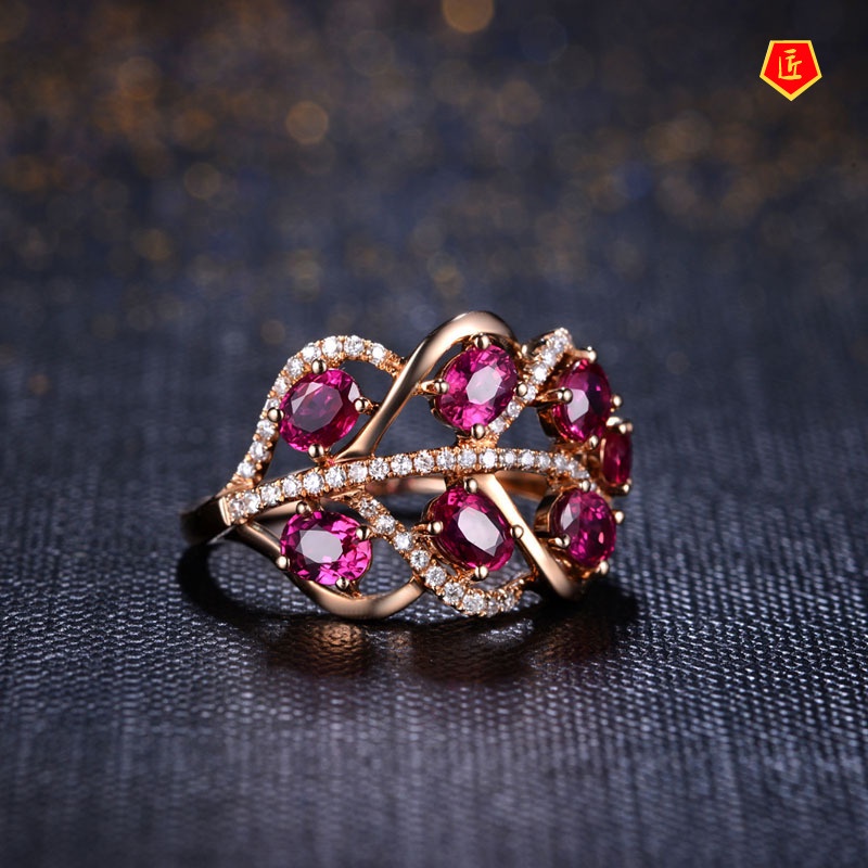 [Ready Stock]Elegant Personality Rose Gold Ruby Leaf Ring