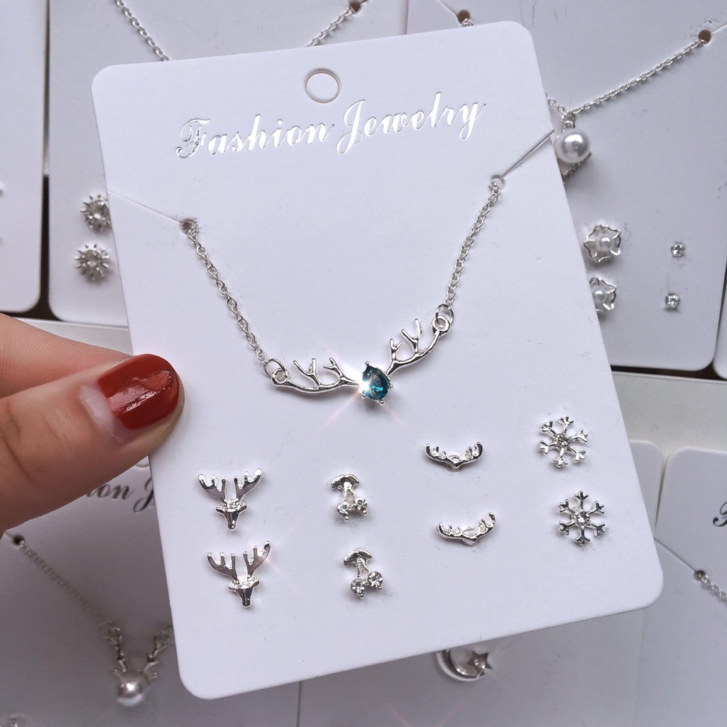 9 Pcs Fashion Deer Earrings Necklace Set  Kalung+ Anting Women Crystal Silver Ear Stud Pendant Jewelry Sets Birthday Gift