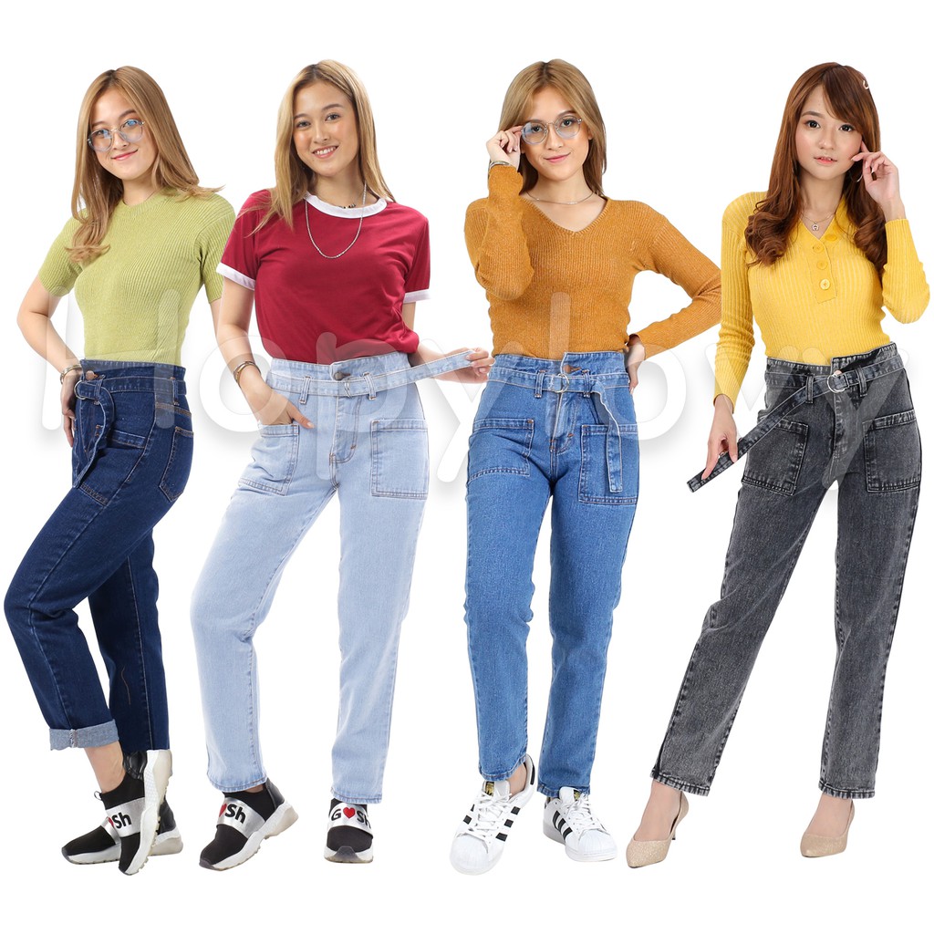 HOPYLOVY - Celana Boyfriend Jeans Wanita Termasuk Belt BF Umaru