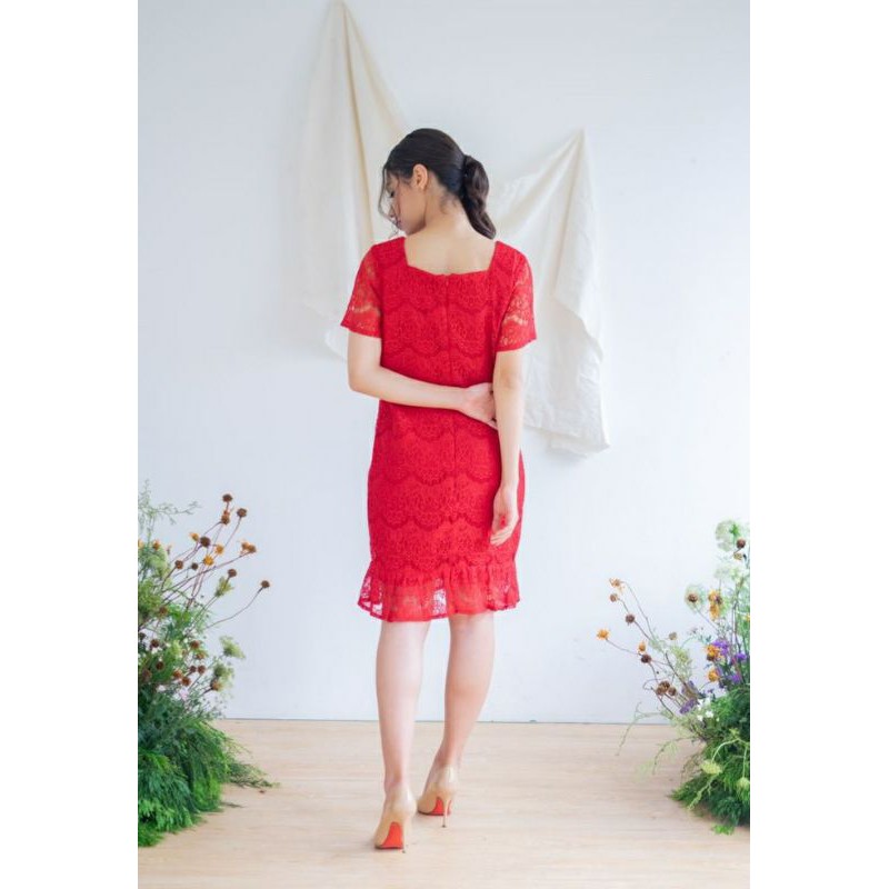 ⚡️ CLEARANCE SALE ♡ PREMIUM ♡ REAL PIC! RED ADAIRE BROCADE BOTTOM RUFFLE LACEY LOOSE DRESS