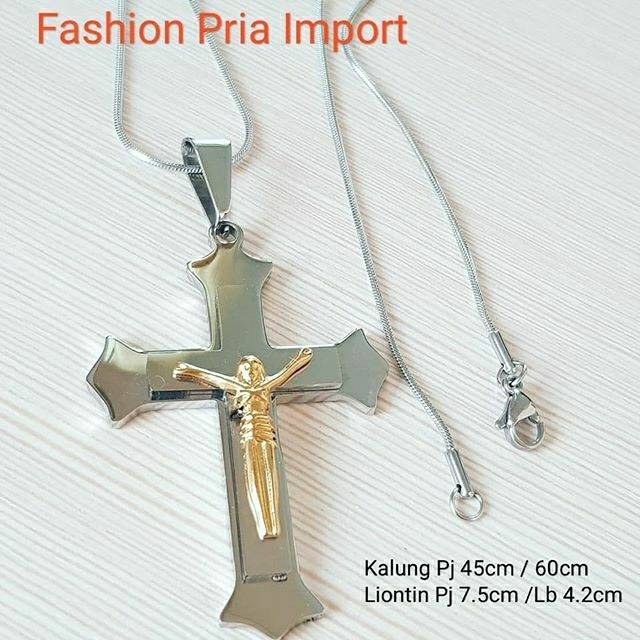 Kalung Fashion Rohani Salib Jesus Kombinasi Gold  import pria titanium antikarat KD38