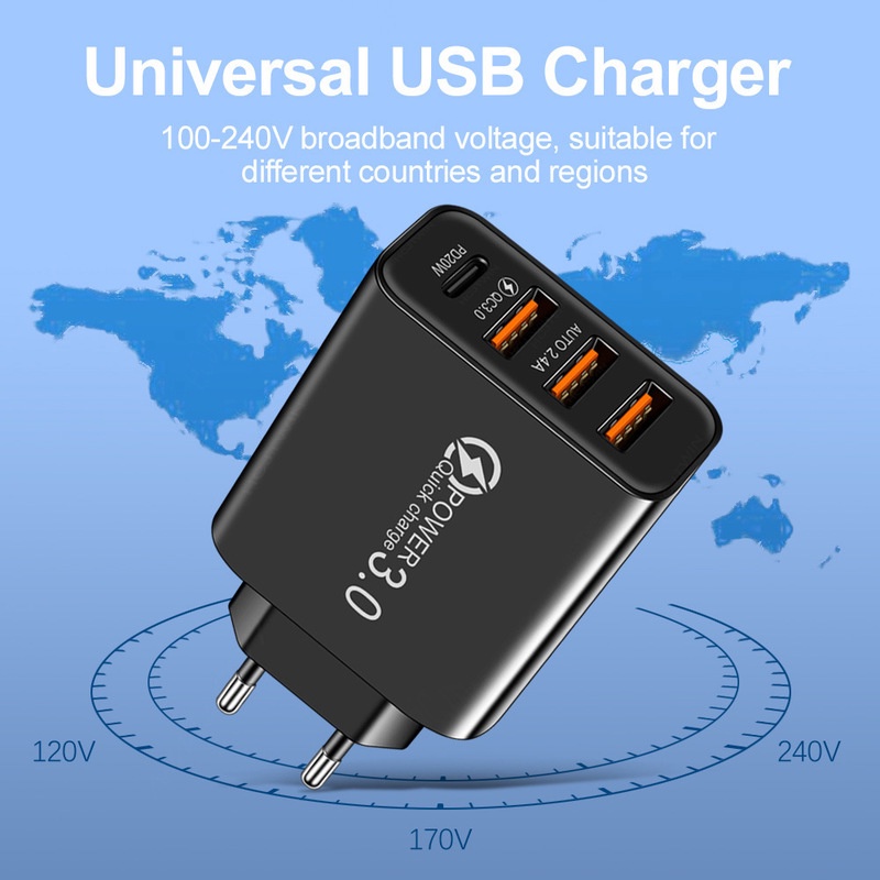 20w USB Tipe C Kompatibel Dengan iPhone Dan Android Kecerahan Tinggi 4port PD Fast Charger Dengan Quick Charge 3.0 Phone Charger Untuk Laptop Smartphone