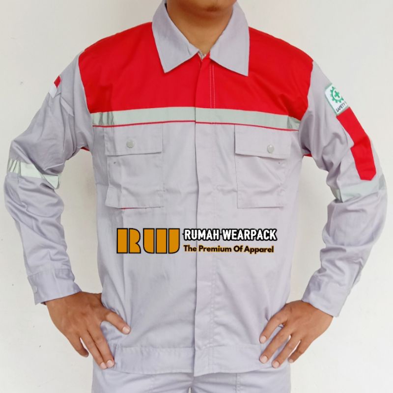 Baju Kerja/ Wearpack Proyek Atasan Warna Abu Muda Merah