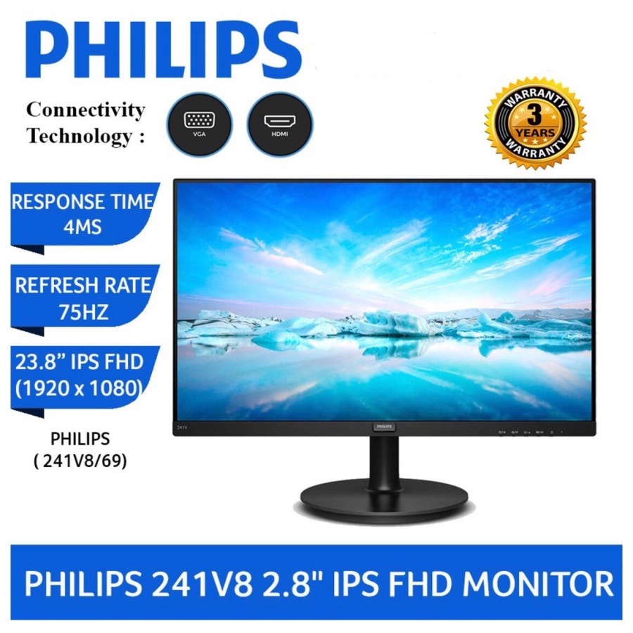 LED Monitor 24 Inch PHILIPS 241V8 - IPS | 75Hz Full HD VGA HDMI Garansi Resmi PHILIPS