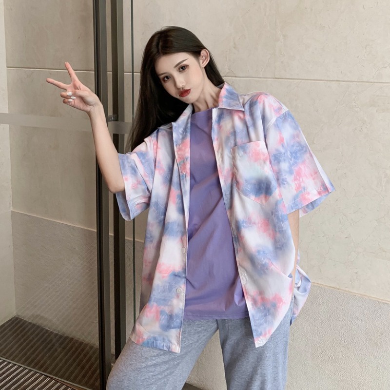 [CUCI GUDANG]Fashion Baru Wanita Korea Tie Dye Kemeja Sifon Longgar Lengan Panjang/Atas Lengan Pendek