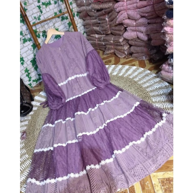 GAMIS BURKAT MIX TULLE DOT FULL FURING AYUNDA DRESS ld.105 pb.135/COD/gamis pesta muslimah,gamis kondangan/gamis brocade