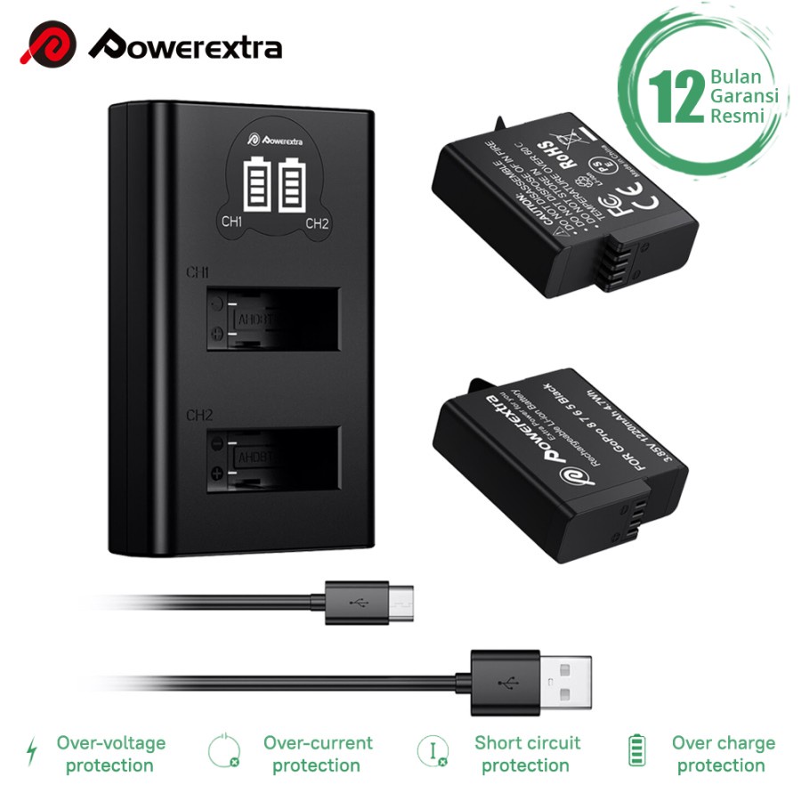 Powerextra Battery Dual Charger for GoPro Hero 8 Black / 7 / 6 / 5