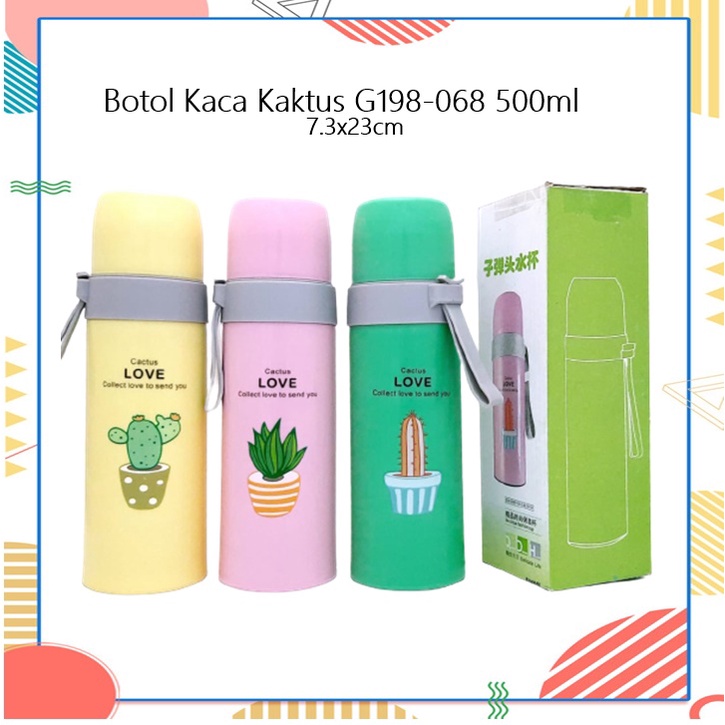 Botol Minum Kaca Tutup/Cangkir Kaktus G198-068 500ml