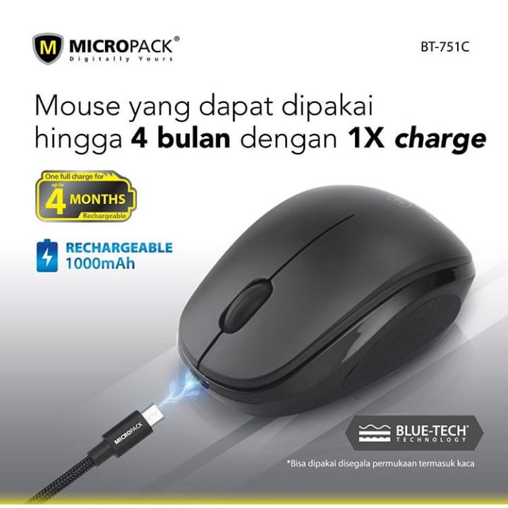 Micropack Wireless Mouse Blue Tech Rechargeable (BT-751C)