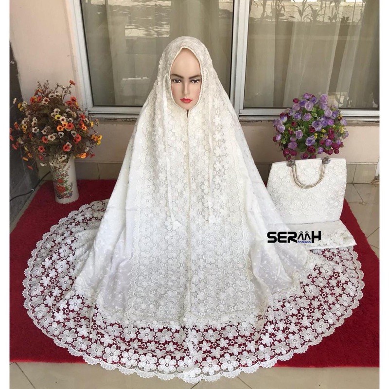 MUKENA PREMIUM PRADA AMINAH VARIAN BROKEN WHITE FULL BORDIR TIMBUL