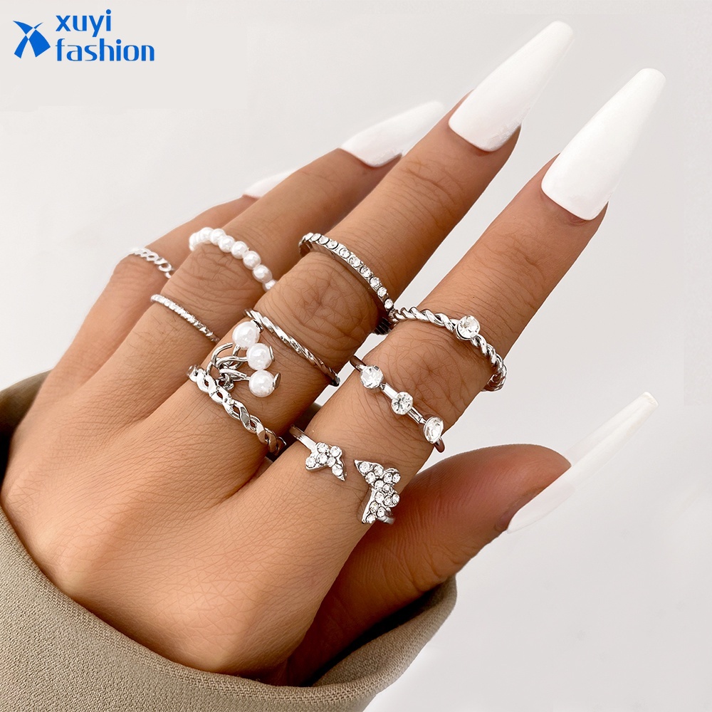 9 Pcs / Set Cincin Bentuk Kupu-Kupu Aksen Berlian Mutiara Warna Silver Gaya Retro Untuk Wanita